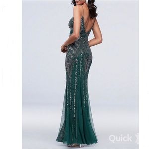 Marina Beaded V-Neck Mesh Gown in Hunter size 6